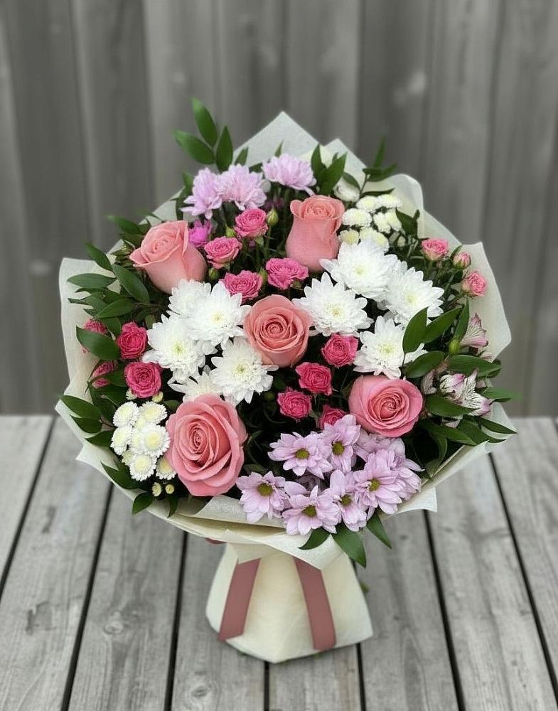 Букет цветов из: Альстромерии, Гвоздики, Розы и Хризантемы в Мисайлово