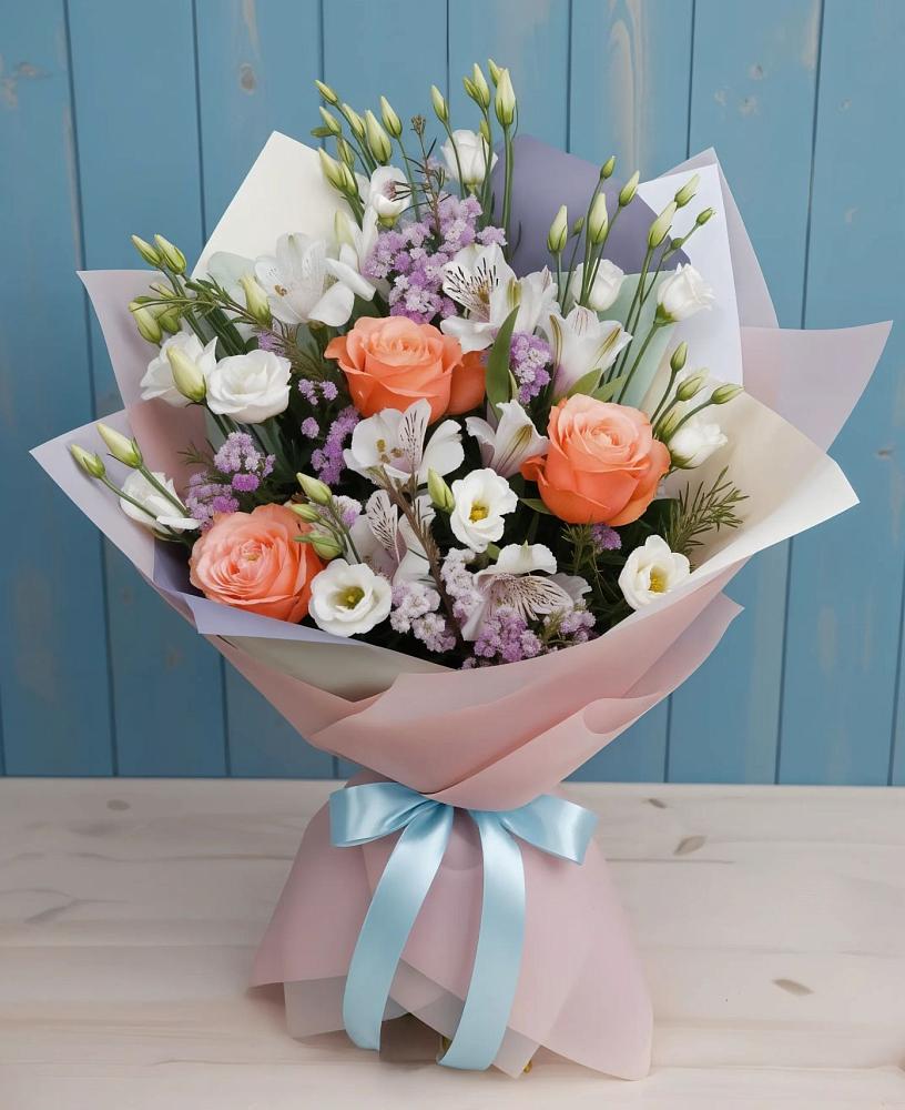 Букет цветов из: Лизиантусы, Розы, Альстромерии и Гипсофила в Мисайлово