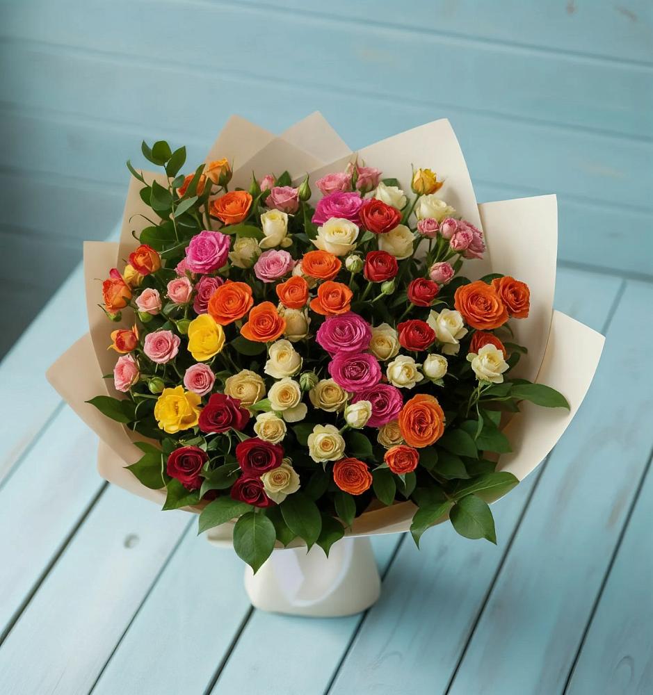 Букет Микс из разноцветных кустовых роз в Мисайлово