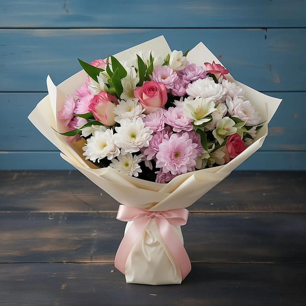 Букет цветов из: Хризантемы, Альстромерии и Розы в Мисайлово